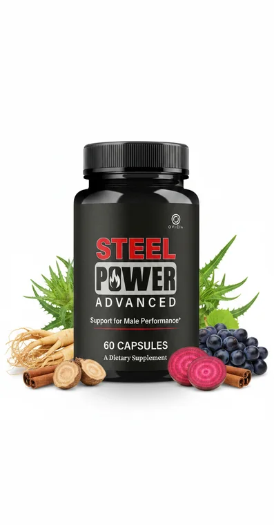 Steel Power Advanced men's health capsule bottle surrounded by ginseng root, maca, beetroot and cinnamon