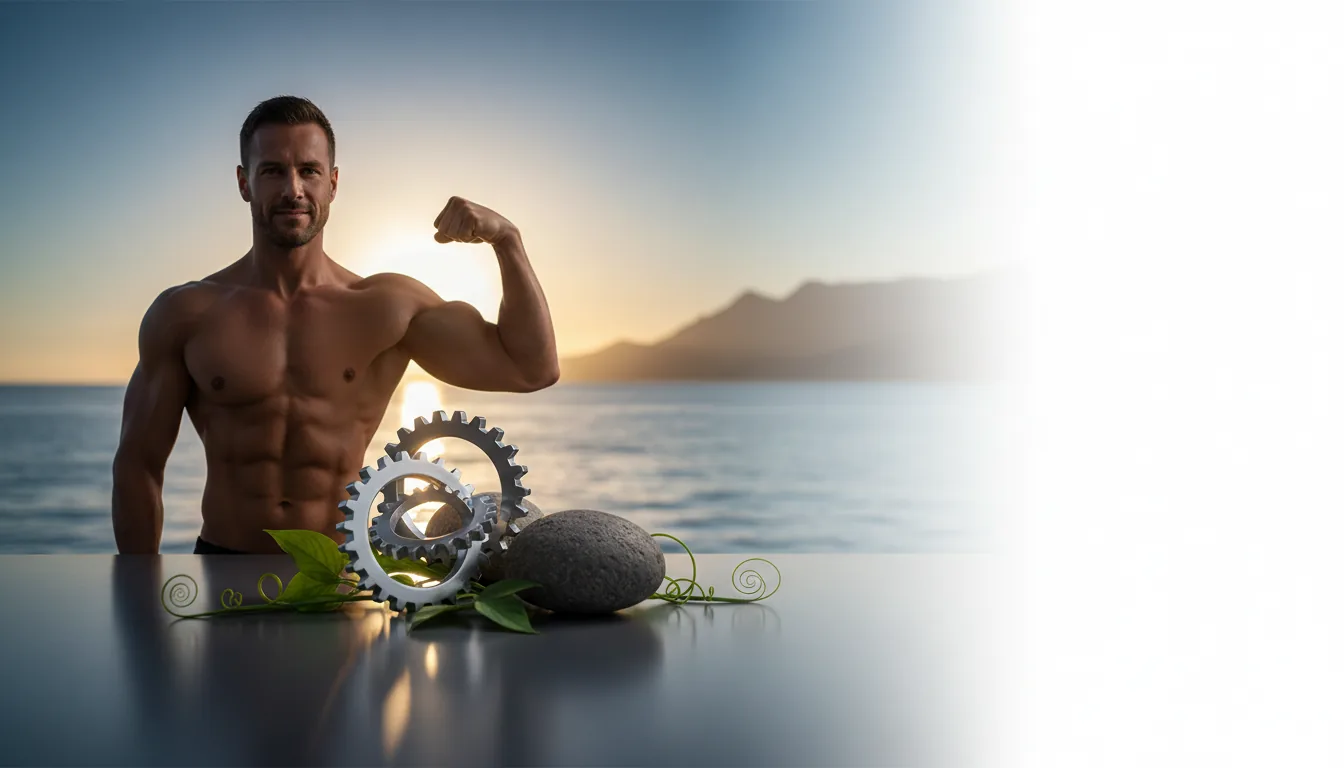 Steel Power men's health capsules beside ginseng root, maca and beetroot ingredients