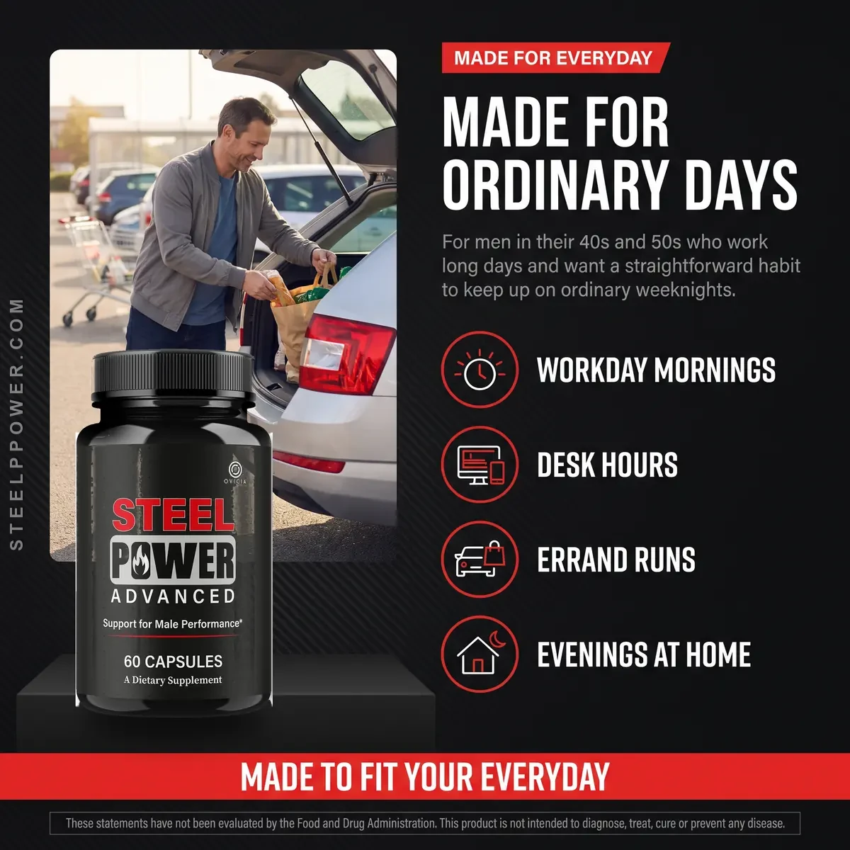 Who Steel Power is for: men who want an easy daily habit for workday mornings, desk hours and evenings at home